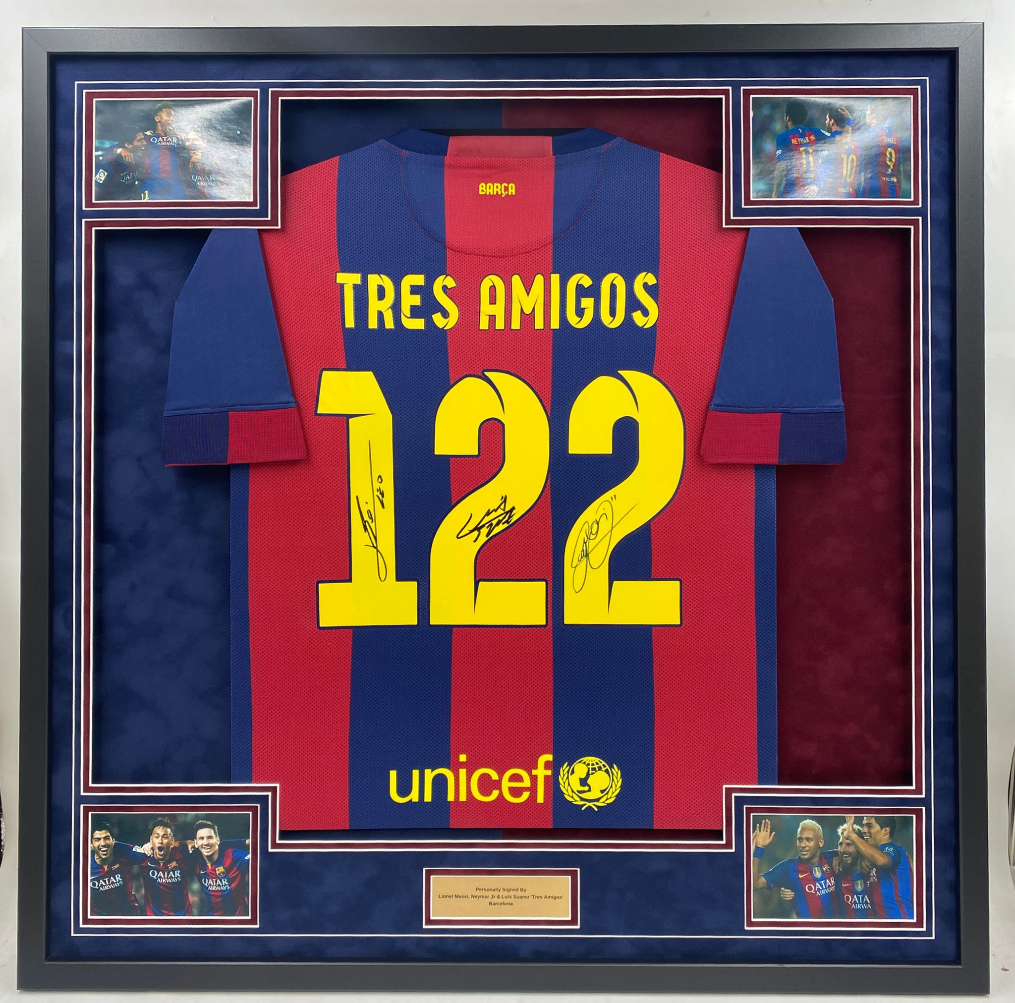 Barcelona ‘Tres Amigos’ Signed Shirt (122 Goals) – Framed (COA)