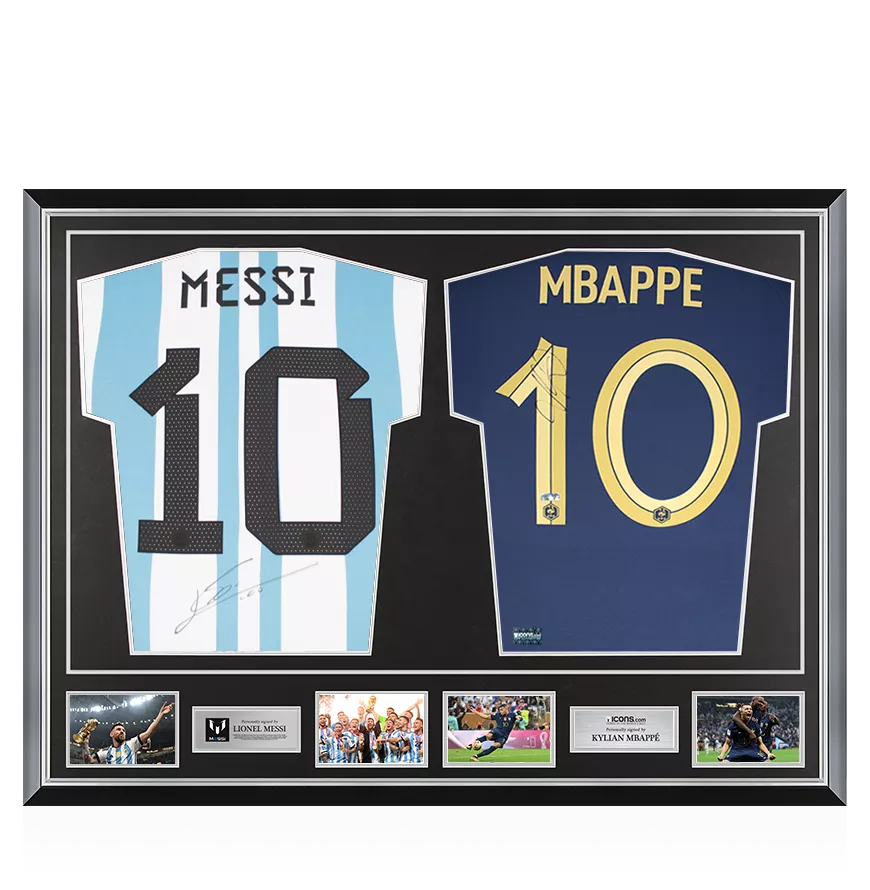 Lionel Messi Signed Argentina & Kylian Mbappe Signed France Shirts In Classic Dual Frame