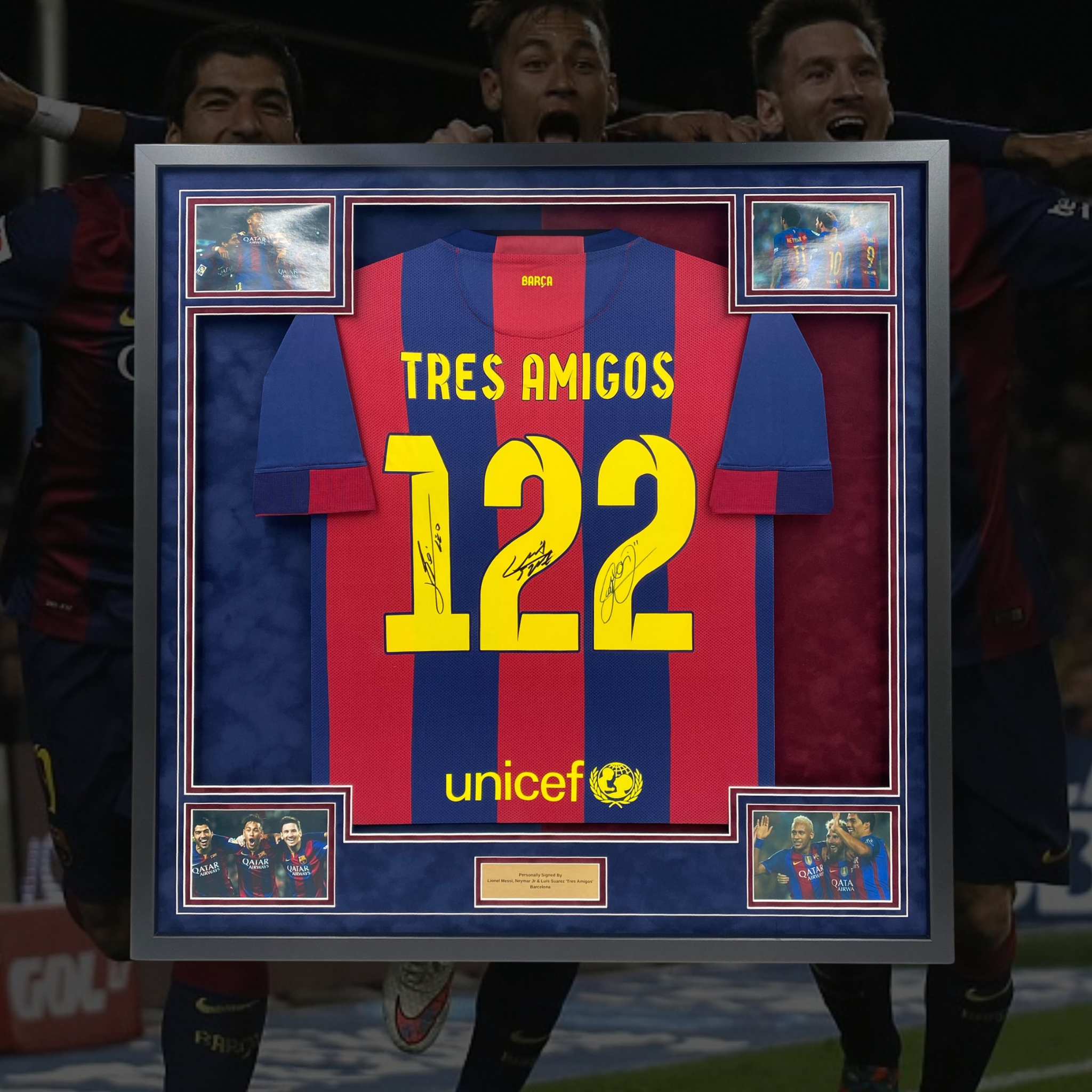 Barcelona ‘Tres Amigos’ Signed Shirt (122 Goals) – Framed (COA)